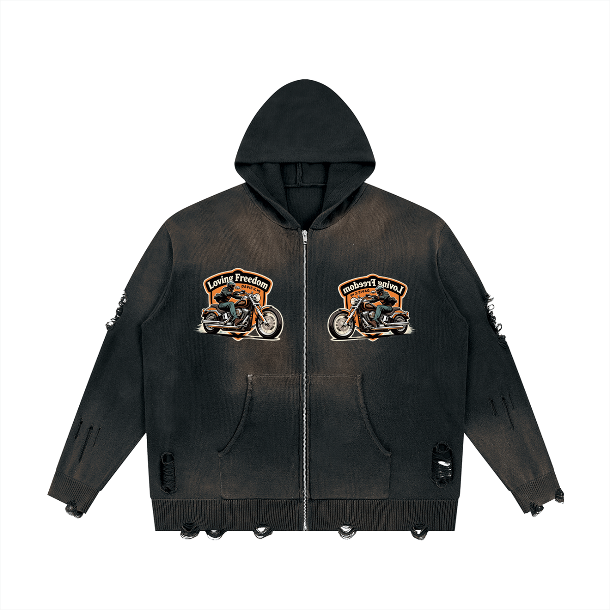 Unisex Distressed Full Zip Sweater