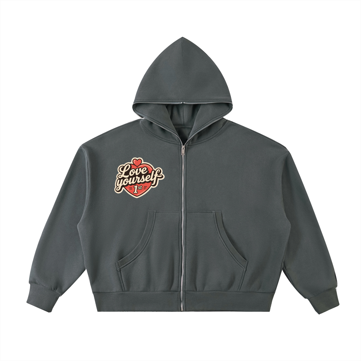 Love yourself 1st. Fleeced Full-Zip Boxy Hoodie